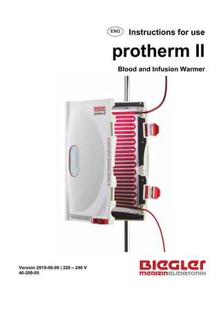 protherm II  Table of contents 1  Warnings and safety instructions... 4  2  Description ... 6 2.1  General Description ... 6  2.2  Intended Use ... 7  2.3  Indication ... 7  2.4  Contraindication / Exclusions from Intended Use ... 7  2.5  Consumable material... 7  2.6  Scope of delivery ... 7  3  Initial operation ... 8 3.1  Setting up procedure ... 8  3.2  Alarms ... 10  3.3  Shutting down the device ... 11  3.4  Troubleshooting ... 12  4  Maintainance ... 12  5  Cleaning and disinfection... 13  6  Periodic inspections ... 13  7  Manufacturer liability ... 15  8  Warranty conditions ... 15  9  Return of devices ... 16  10 Disposal ... 16 11 Electromagnetic Compliance Levels ... 17 11.1  Emission ... 17  11.2  Immunity test levels ... 17  12 Manufacturer's declaration ... 18 13 Symbols ... 19 14 Operating and storage conditions ... 20 15 Technical Data ... 21 16 Manufacturer ... 21  3  