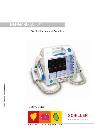 DEFIGARD 5000  User Guide  Art. no.: 0-48-0060 Rev.: a  Table of Contents 1  Safety Notes ... 5  1.1  Responsibility of the User ... 5  1.2  Intended Use ... 5  1.3  Organisational Measures... 6  1.4  Operational Precautions ... 6  1.5  Operation with other Devices ... 7  1.6  Maintenance ... 7  1.7  General Safety Notes ... 8  1.8  Additional Terms ... 8  1.8.1 1.8.2  Implied Authorisation... 8 Terms of Warranty ... 8  1.9  Display Symbols/Indicators... 9  1.9.1 1.9.2 1.9.3 1.9.4  Symbols Used in this User Guide ... 9 Symbols Used on the Device ... 10 Symbols Used on the Battery... 10 Symbols Used on the Electrode Package... 11  2  Components and Operation ... 12  2.1  Design... 12  2.1.1 2.1.2  Available Options ... 13 Overview of the Configurable Settings... 13  2.2  Operating Elements... 14  2.2.1 2.2.2 2.2.3 2.2.4 2.2.5  Front Side... 14 Back Panel ... 15 Paddle Operation Elements ... 16 LEDs ... 16 Display ... 17  3  Start-up and Initial Preparation ... 18  3.1  Mains and Battery Operation... 18  3.1.1 3.1.2 3.1.3  Connecting the Unit to the Mains and Switching it on... 18 Battery Operation ... 19 Operation with External Constant Voltage Source... 19  3.2  Switching off and Disconnecting from Mains... 20  3.2.1 3.2.2 3.2.3  Internal Safety Discharge... 20 Mains Supply Interruption ... 20 Ensuring Operational Readiness ... 20  3.3  Inserting Printing Paper ... 21  3.4  Operation... 22  3.4.1 3.4.2  Direct Menu Access ... 22 Accessing Menus and Function Keys via Display Fields ... 23  4  Monitoring ... 24  4.1  Softkeys, Waveforms and Measurement Fields ... 24  4.2  Alarm Messages ... 25  4.3  ECG and Heart Rate Monitoring ... 26  Page 1  