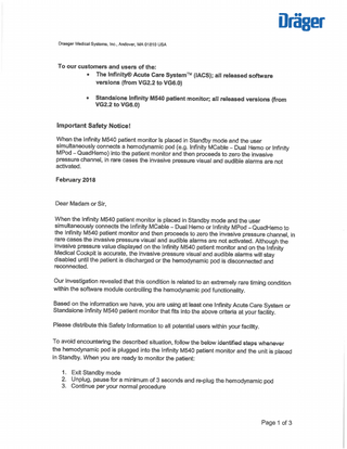 The Infinity Acute Care System and M540 Monitor Important Safety Notice Feb 2018