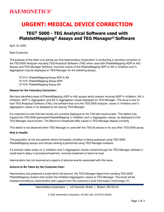 Haemonetics TEG5000 Urgent Medical Device Correction April 2022