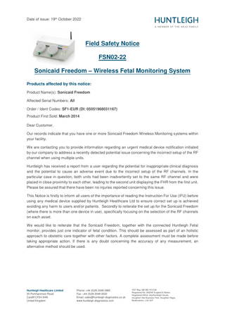 Sonicaid Freedom Field Safety Notice Oct 2022