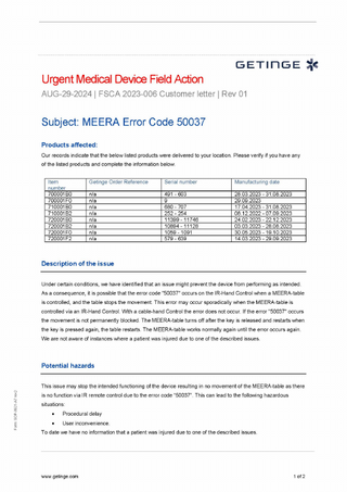 MEERA IR-Hand Control Error Urgent Medical Device Field Action