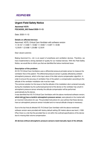 Aeonmed VG70 Urgent Field Safety Notice Nov 2020