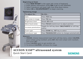 ACUSON X150 New Patient Quick Start Card June 2010