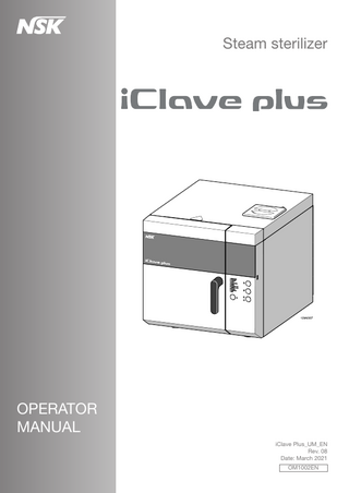 TABLE OF CONTENTS  1  GENERAL INFORMATION... 5  2  SAFETY INFORMATION... 7  3  CHARACTERISTICS... 11  4  INSTALLATION... 20  5  USING THE STERILIZER... 25  1-1 1-2 1-3 1-4 1-5 2-1 2-2 2-2-1 2-2-2 2-2-3 2-2-4 2-2-5 2-3 2-4 2-5 3-1 3-2 3-3 3-4 3-5 3-6 3-7 3-8 3-9 4-1 4-2 4-3 4-4 4-5 4-6 5-1 5-1-1 5-1-2 5-1-3 5-2 5-3 5-3-1 5-3-2 5-4 5-4-1 5-4-2 5-5 5-6 5-7 5-8 5-9 5-9-1 5-9-2 5-9-3 5-9-4 5-9-5  Purpose of the manual... 5 Criteria for use of the manual and finding information... 5 Professional user profiles... 6 Conformity to European Directives... 6 Warranty... 6 General safety information... 7 Safety and protection features on the device... 8 Soft-close door with double safety... 8 Overpressure protection - safety valve and pressure relief valve... 8 Blackout protection... 8 Overheating protection... 8 Automatic power off... 8 Safety signs on the device... 9 Residual risks... 10 Bacteriological risks... 10 Description of the sterilizer... 11 Intended use... 11 Environmental conditions... 11 Units that make up the sterilizer... 12 Components supplied with the sterilizer... 14 Size and weight of package... 15 Size and weight of sterilizer... 15 Technical specifications... 16 Sterilizer regulatory label... 17 Unpacking and transportation... 20 Positioning... 21 Initial start-up... 23 Compensating for altitude... 24 Setting date and time... 24 Setting the language... 24 Description of the operator panel... 25 Display Colouring... 25 Display symbols... 25 Function buttons... 26 Turning the sterilizer on... 27 Daily tests to check the sterilizer’s performance... 27 Vacuum test ... 27 Helix test and Bowie & Dick test... 28 Preparing the material before sterilization... 28 Preliminary operations... 28 Treatment of materials and instruments before sterilization... 28 Arranging the material on the trays before sterilization... 29 Program selection... 30 Running the program... 31 Interrupting the programme... 33 Programming menu... 33 SET TIME... 33 SET SPECIAL CYCLE... 34 MEMORIES... 34 ENERGY... 35 ADJUST... 35 3  