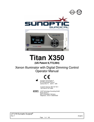 Titan X350 Xenon llluminator with Digital-Dimming Control Operator Manual Ref LIT-218-Rev.-F 