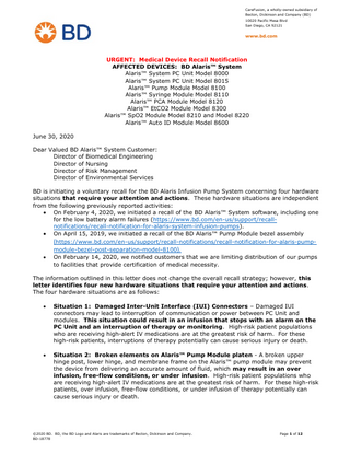 Alaris System All Models Urgent Medical Device Recall Notification Recall June 2020