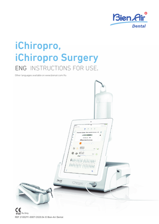 ENG  Table of contents 1  Symbols... 2 1.1 1.2  2  Warnings & Precautions of Use ... 4  4  Description... 5 4.1 4.2 4.3 4.4 4.5 4.6 4.7  Install the iChiropro app... 11 Install the iChiropro system... 11 Installation of the iPad on the iChiropro... 11 On/off procedure... 11  9  Operation - Surgery mode ... 38 9.1 9.2 9.3 9.4 9.5 9.6 9.7  Interface overview... 12 6.1 6.2 6.3  7  iChiropro system overview ...5 Sets supplied...6 4.2.1 iChiropro sets...6 4.2.2 iChiropro Surgery sets...6 Options ...6 4.3.1 iChiropro options ...6 Technical data ...7 Environmental protection and information for disposal...7 Limitation of liability...8 Electromagnetic compatibility (technical description) ...8  Installation ... 10 5.1 5.2 5.3 5.4  6  Enter implantology mode ... 24 Setup screen description... 24 Plan an operation... 24 Import an operation... 26 Remove an operation... 28 Start or resume a planned operation ... 28 Start a direct operation ... 30 Operative parameters... 32 8.8.1 MX-i micromotor Speed & Torque ... 32 8.8.2 MX-i micromotor rotation direction... 32 8.8.3 Irrigation Level ... 33 8.8.4 Handpiece ratio ... 33 8.8.5 Light intensity ... 33 8.9 Tool visualization in cassette... 34 8.10 Add, edit or remove implants ... 34 8.10.1 Add implant... 34 8.10.2 Edit (user-defined) implant... 36 8.10.3 Remove (user-defined) implant ... 36 8.11 Bookmark or remove brands ... 37  Identification ...3 Intended use ...3 Notation and chapter links ...3  3  Operation - Implantology mode... 24 8.1 8.2 8.3 8.4 8.5 8.6 8.7 8.8  Identification, Intended use and Notation ... 3 2.1 2.2 2.3  5  8  Description of symbols for iChiropro and iChiropro Surgery units ...2 Description of symbols for iChiropro and iChiropro Surgery accessories ...2  iChiropro application ... 12 6.1.1 Compatibility ... 12 6.1.2 Notation ... 12 Sound alerts ... 12 iPad and iChiropro connection / disconnection conditions .. 12 6.3.1 Disconnection ... 12 6.3.2 Connection... 12 6.3.3 iChiropro unit switched ON... 12  Getting started ... 13 7.1 7.2 7.3 7.4 7.5 7.6 7.7 7.8 7.9  Back up data... 13 Launch iChiropro app... 13 User agreement... 13 Welcome screen and disclaimer ... 13 Home page screen... 14 User page screen ... 14 Create user profile ... 14 Edit or remove user profile ... 15 Patients ... 16 7.9.1 Add or edit patient... 16 7.9.2 Remove patient ... 16 7.9.3 Consult patients history... 16 7.9.4 Merge patients... 17 7.10 Operations history ... 18 7.10.1 Search operations history ... 18 7.10.2 Operation data ... 19 7.10.3 Export report... 20 7.10.4 Export all operations reports... 20 7.11 iChiropro App update ... 21 7.12 Information ... 22 7.12.1 About ... 22 7.12.2 Implants update... 23 7.13 ISQ values readings... 23  9.8  Enter surgery mode ... 38 Setup screen description... 38 Plan an operation... 38 Remove an operation... 40 Start or resume an operation... 40 Start a direct operation ... 42 Operative parameters... 44 9.7.1 MX-i micromotor Speed & Torque ... 44 9.7.2 MX-i micromotor rotation direction... 44 9.7.3 Irrigation Level ... 45 9.7.4 Handpiece ratio ... 45 9.7.5 Light intensity ... 45 Add, edit or remove procedures ... 46 9.8.1 Add procedure ... 46 9.8.2 Edit (user-defined) procedure... 46 9.8.3 Remove (user-defined) procedure ... 47  10 List of errors & Troubleshooting ... 48 10.1 Safety warning (operating)... 48 10.2 Device operating error... 49 10.3 iOS compatibility errors (disclaimer screen)... 49  11 Maintenance ... 50 11.1 Servicing... 50 11.2 Information ... 50 11.3 Cleaning ... 50 11.4 Important... 50 11.5 iPad adapter change ... 50 11.6 Fuses replacement... 51  12 General information and guarantee ... 52 12.1 General information ... 52 12.2 Trademarks... 52 12.3 Terms of guarantee... 52  1  