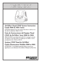 Ta b l e  2  of  C o n t e n t s / Í n d i c e / Ta b l e  des  Matières  IEC  Symbols/Símbolos  IEC/Symboles  CEI  3  TABLE OF CONTENTS IEC Symbols... Important Safeguards... Travel... Introduction... Important Parts... Accessories/Replacement Items... Set-Up for 9000/9001... Operation for 9000... Operation for 9001... DC Operation for 9001... Supplemental Oxygen... Cleaning... Cabinet... Air-Inlet Filter... Mask, Headgear and Tubing... Maintenance... Troubleshooting... Specifications... Warranty...  3 4 4 5 6 6 7 7 9 11 12 13 13 13 14 14 15 16 20  IEC Symbols ON / OFF– turns blower on and off Select Next Item on LCD display Increase value shown on LCD display Decrease value shown on LCD display Start Delay– starts the delay cycle, if prescribed Attention, consult instruction guide Type BF equipment– applied part Class II electrical protection– double insulated Data port DC Input– 12 VDC, center pin is positive 100 – 240 Volts AC input 50/60 Hz  ÍNDICE Símbolos IEC... Normas de seguridad importantes... Viajes... Introducción... Partes importantes del equipo... Accesorios/piezas de repuesto... Preparación del 9000/9001... Funcionamiento del 9000... Funcionamiento del 9001... Funcionamiento CC del 9001... Oxígeno suplementario... Limpieza... Gabinete... Filtro de entrada de aire... Mascarilla, pieza para la cabeza y tubos... Mantenimiento... Guía de detección y solución de problemas... Especificaciones... Garantía...  3 22 22 23 24 24 25 26 27 29 30 31 31 31 31 32 32 34 38  Símbolos IEC ON/OFF - enciende y apaga el ventilador Selecciona el próximo parámetro del visualizador LCD Incrementa el valor mostrado en el visualizador LCD Disminuye el valor mostrado en el visualizador LCD Comienzo Ret. – comienza el ciclo de retención, si se ha prescrito Atención, consulte la guía de instrucciones Equipo Tipo BF - Parte aplicada Protección electricidad clase II – doblemente aislado Puerto de datos Entrada CC – 12 VCC, pin central positivo 100-240 Voltios de entrada CA 50/60 Hz  TABLE DES MATIÈRES Symboles CEI... Mises en Garde Importantes... Voyages... Introduction... Pièces Principales... Accessoires et pièces de rechange... Réglage... Fonctionnement du Modèle 9000... Fonctionnement du Modèle 9001... Fonctionnement sur Courant Continu du Modèle 9001... Oxygène d'appoint... Nettoyage... Boîtier... Filtre d’entrée d’air... Masque, harnais, et tuyaux... Entretien... Guide des pannes... Spécifications... Garantie...  A-900  3 40 40 41 42 42 43 44 45 46 47 48 48 49 49 49 50 51 55  Symboles CEI Arrêt/Marche - Met en marche et arrête le ventilateur Choisir l’élément suivant de l’affichage à cristaux liquides Augmenter la valeur montrée par l’affichage à cristaux liquides Réduire la valeur montrée par l’affichage à cristaux liquides Démarrage du délai – démarre le cycle de délai, si prescrit Attention, consulter le guide d’instructions Équipement de type BF – pièce appliquée Protection électrique de classe II – isolation double Port de données Entrée c.c. – 12 V c.c., la broche centrale est positive Entrée de 100 – 240 V c.a., 50/60 Hz.  A-900  