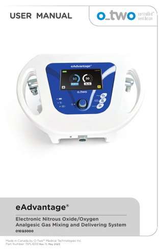 TABLE OF CONTENTS 1. Safety  4  2. General Information  5  2.1. Intended Use  5  2.2. Environment of Use  5  2.3. Contraindications  5  3. Overview  6  3.1. Product Description  6  3.2. Principles of Operation  6  3.3. Controls, connections and indicators  7  3.4. Control Functions  8  3.5. LED Indicators  8  3.6. Symbols and Notations  9  4. Preparation for Use  10  4.1. Component List  10  4.2. Set up  10  4.2.1. ON/OFF  10  4.2.2. Installing / replacing the battery  10  4.2.3. Connecting the gas supply hoses  11  4.2.4. Connecting the patient circuit and Sensor line  13  4.2.5. Turning the Mixer ON  13  4.3. Testing Prior to introduction into Service 4.3.1. Input Leak test  14  4.3.2. Output Leak test  14  4.3.3. Demand Function  14  4.3.4. Low Input Pressure Alarms  15  4.3.5. Low Input Pressure Shut OFF  15  4.3.6. Oxygen Flush key  15  4.3.7. Oxygen Concentration  15  4.4. Pre-use Checklist 2  14  16  eAdvantage User Manual  