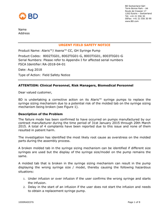 Alaris CC,GH Syringe Pump Urgent Field Safety Notice Aug 2018