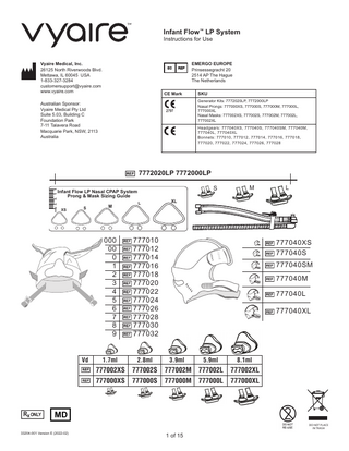 Infant Flow™ LP System Instructions for Use  Vyaire Medical, Inc. 26125 North Riverwoods Blvd. Mettawa, IL 60045 USA 1-833-327-3284 customersupport@vyaire.com www.vyaire.com  EC  REP  CE Mark  EMERGO EUROPE Prinsessegracht 20 2514 AP The Hague The Netherlands SKU Generator Kits: 7772020LP, 7772000LP Nasal Prongs: 777000XS, 777000S, 777000M, 777000L, 777000XL Nasal Masks: 777002XS, 777002S, 777002M, 777002L, 777002XL  Australian Sponsor: Vyaire Medical Pty Ltd Suite 5.03, Building C Foundation Park 7-11 Talavera Road Macquarie Park, NSW, 2113 Australia  Headgears: 777040XS, 777040S, 777040SM, 777040M, 777040L, 777040XL Bonnets: 777010, 777012, 777014, 777016, 777018, 777020, 777022, 777024, 777026, 777028  7772020LP 7772000LP 0  S  5 10  Infant Flow LP Nasal CPAP System Prong & Mask Sizing Guide  15 20mm  XS  S  Vd  M  L  M  L  XL  000 00 0 1 2 3 4 5 6 7 8 9  777010 777012 777014 777016 777018 777020 777022 777024 777026 777028 777030 777032  1.7ml  2.8ml  3.9ml  5.9ml  8.1ml  777002XS  777002S  777002M  777002L  777002XL  777000XS  777000S  777000M  777000L  777000XL  777040XS 777040S 777040SM 777040M 777040L 777040XL  Rx ONLY DO NOT PLACE IN TRASH  33204-001 Version E (2022-02)  1 of 15  