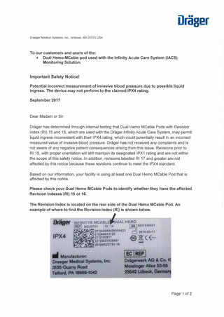 Infinity IACS Dual Hemo MCable pod Important Safety Notice Sept 2017