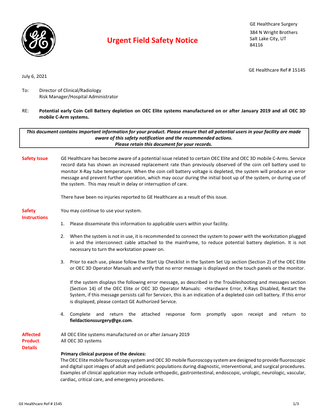 OEC Elite Systems Urgent Field Safety Notice July 2021