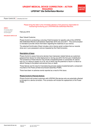 LIFEPAK 20e Defib-Monitor Urgent Medical Decice Correction , Action Required Feb 2018