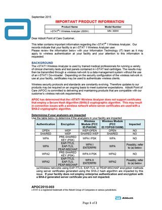 iSTAT 1 Wireless Analyzers Important Product Infomation Sept 2015