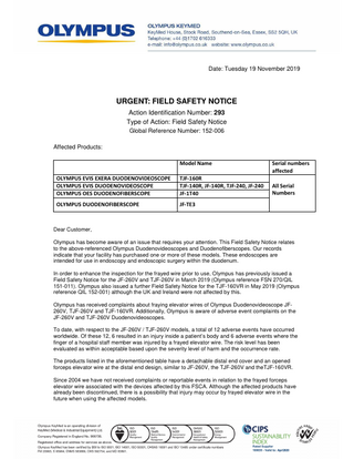 Duodenovideoscope Series Urgent Field Safety Notice Nov 2019