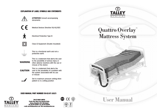 EXPLANATION OF LABEL SYMBOLS AND STATEMENTS  ATTENTION Consult accompanying documents  Medical Devices Directive 93/42/EEC  Electrical Protection Type B  Class  Quattro Overlay Mattress System  ™  Equipment (Double Insulated)  This is a functional earth and not a protective earth  WARNING  CAUTION  This is a statement that alerts the user to the possibility of serious injury or other adverse reactions with the use or misuse of the device This is a statement that alerts the user to the possibility of a problem with the system associated with its use or misuse Set to maximum pressure setting when patient is in a sitting position  USER MANUAL PART NUMBER 50-02-07-102/3  TALLEY GROUP LIMITED Premier Way, Abbey Park Industrial Estate, Romsey, Hampshire SO51 9AQ England Tel: (0)1794 503500 Fax: (0)1794 503555 e-mail: sales@talleymedical.co.uk Web: www.talleymedical.com  User Manual  