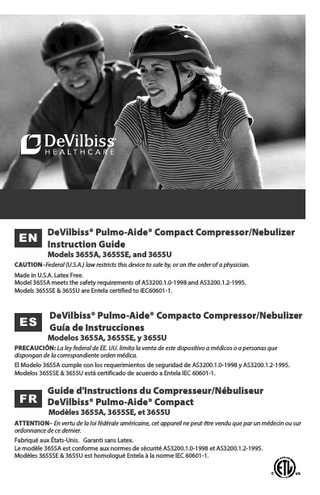 ENGLISH... EN - 2 ESPAÑOL... ES - 8 FRANÇAIS ... FR - 14 Table of Contents IEC Symbols... Important Safeguards... Introduction... Important Parts... Compressor... Disposable Nebulizer... Reusable Nebulizer... How to Operate Your Compressor... Nebulizer Cleaning... Compressor Cleaning... Filter Change... Maintenance... Specifications... Warranty...  EN - 2 EN - 2 EN - 3 EN - 4 EN - 4 EN - 4 EN - 4 EN - 4 EN - 5 EN - 5 EN - 6 EN - 6 EN - 6 EN - 7  IEC Symbols  O I  Attention - Consult Instruction Guide  Type BF equipment– applied part  Consult instructions for use  Double Insulated  Electric Shock Hazard. Do not open.  Alternating Current  Catalog/Model Number  Serial Number  Off  Fuse Rating  On  Date of Manufacture  This device contains electrical and/or electronic equipment that must be recycled per EC Directive 2002/96/ EC- Waste Electrical and Electronic Equipment (WEEE).  IMPORTANT SAFEGUARDS  When using electrical products, especially when children are present, basic safety precautions should always be followed. Read all instructions before using. Important information is highlighted by these terms: DANGER–	Urgent safety information for hazards that will cause serious injury or death. WARNING– Important safety information for hazards that might cause serious injury. CAUTION– Information for preventing damage to the product. NOTE– Information to which you should pay special attention.  READ ALL INSTRUCTIONS BEFORE USING. Danger To reduce the risk of electrocution: 1.	Always unplug this product immediately after using. 2. Do not use while bathing. 3.	Do not place or store product where it can fall or be pulled into a tub or sink. 4. Do not place in or drop into water or other liquid. 5.	Do not reach for a product that has fallen into water. Unplug immediately. EN - 2  SE-655  