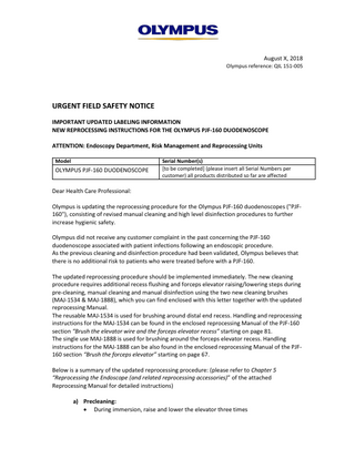 PJF-160 Duodenoscope Urgent Field Safety Notice Aug 2018