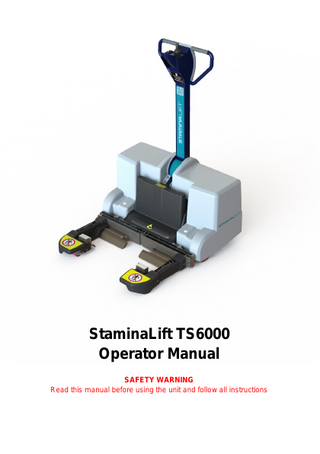 TABLE OF CONTENTS 1.  2.  3.  IMPORTANT SAFETY INFORMATION  6  1.1.  Definition ... 6  1.2.  Intended Use ... 7  1.3.  Safety First ... 7  1.4.  Explanation of Symbols ... 10  UNIT INTRODUCTION  11  2.1.  Basic Specifications ... 11  2.2.  Electrical Specification: ... 11  2.3.  Key Features ... 12  2.4.  Unit Overview ... 13  2.5.  Turning Controller on and off... 15  2.6.  Drive mode ... 16  2.7.  Speedometer Display ... 17  2.8.  Braking ... 17  2.9.  Emergency Stop Button ... 17  2.10.  Lift Mode ... 18  2.11.  Jaw height indicator ... 18  2.12.  Jaw Open and Close ... 19  2.13.  The Horn ... 19  2.14.  Handle Adjustment ... 19  2.15.  Battery Gauge ... 20  2.16.  Jaw Adjustment ... 21  2.17.  Bypass Systems... 23  2.18.  Batteries ... 24  2.19.  Battery Charger ... 24  OPERATION 3.1.  26  Operating Conditions ... 26  [4]  