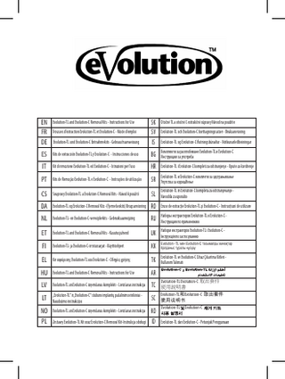 EN FR DE  Evolution-TL and Evolution-C Removal Kits - Instructions for Use  ES  Kits de extracción Evolution-TL y Evolution-C - Instrucciones de uso  за разглобяване Evolution-TL и Evolution-C BG Комплекти Инструкции за употреба  IT  Kit di rimozione Evolution-TL ed Evolution-C - Istruzioni per l’uso  HR Evolution-TL i Evolution-C kompleti za odstranjenje - Upute za korištenje  PT  Kits de Remoção Evolution-TL e Evolution-C - Instruções de utilização  SR  Evolution-TL и Evolution-C комплети за одстрањивање Упутства за коришћење  CS  Soupravy Evolution-TL a Evolution-C Removal Kits - Návod k použití  SL  Evolution-TL in Evolution-C kompleta za odstranjevanje Navodila za uporabo  Trousses d’extraction Evolution-TL et Evolution-C - Mode d’emploi Evolution-TL und Evolution-C Entnahmekits - Gebrauchsanweisung  SK Otočné TL a otočné C extrakčné súpravy Návod na použitie SV Evolution-TL och Evolution-C borttagningssatser - Bruksanvisning IS Evolution-TL og Evolution-C flutningsbúnaður - Notkunarleiðbeiningar  DA Evolution-TL og Evolution-C Removal Kits -(Fjernelseskits) Brugsanvisning RO Eruse de extracţie Evolution-TL şi Evolution-C - Instrucţiuni de utilizare NL  Evolution-TL- en Evolution-C-verwijderkits - Gebruiksaanwijzing  экстракторов Evolution-TL и Evolution-C RU Наборы Инструкция по применению  ET  Evolution-TL and Evolution-C Removal Kits - Kasutusjuhend  екстракторів Evolution-TL і Evolution-C UK Набори Інструкція по застосуванню  FI  Evolution-TL- ja Evolution-C-irrotussarjat - Käyttöohjeet  –TL мен Evolution-C тасымалды жинақтар KK Evolution Қолданыс туралы нұсқау  EL  Κιτ αφαίρεσης Evolution-TL και Evolution-C - Οδηγίες χρήσης  TK  HU Evolution-TL and Evolution-C Removal Kits - Instructions for Use  AR  LV  Evolution-TL un Evolution-C izņemšanas komplekti - Lietošanas instrukcija  TC  LT  „Evolution-TL“ ir „Evolution-C“ stuburo implantų pašalinimo rinkiniai Naudojimo instrukcijos  SC  Evolution-TL ve Evolution-C Cihaz Çıkartma Kitleri Kullanım Talimatı Evolution-TL Evolution-C 取出套件 使用說明書 Evolution-TL和Evolution-C 取出套件 使用说明书 Evolution-TL Evolution-C  NO Evolution-TL un Evolution-C izņemšanas komplekti - Lietošanas instrukcija KO PL Zestawy Evolution-TL Kit oraz Evolution-C Removal Kit-Instrukcja obsługi ID Evolution-TL dan Evolution-C - Petunjuk Penggunaan  