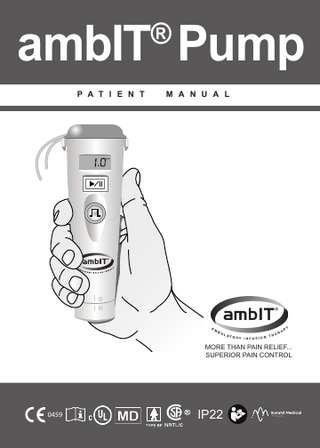 Table of Contents SECTION 1 - INTRODUCTION...1 1.1 Definitions and Symbols...1 1.1.1 Definitions...1 1.1.2 Definition of Symbols...3 1.2 Warnings...6 SECTION 2 - PRODUCT DESCRIPTION...8 2.1 Welcome to the ambIT® Pump Family...8 2.2 What to Expect?...9 SECTION 3 - OPERATION...10 3.1 Your Pump’s Control Buttons...10 3.2	Attach Cassette to Pump ...11 3.3	Battery Replacement...11 3.4	Pump Power On and Off...13 3.5	Pause Infusion...14 3.6	Resume Infusion...14 3.7	Silence Alarm...14 3.8	 The BOLUS Button...15 3.9 The FUNCTION Button...15 3.10	Summary of Operating Controls...16 SECTION 4 - ALARMS AND TROUBLESHOOTING...17 SECTION 5 - GENERAL CARE INSTRUCTIONS...20 SECTION 6 - ELECTROMAGNETIC IMMUNITY (EMC)...22 SECTION 7 - CUSTOMER ASSISTANCE...24  i  