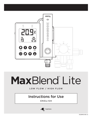 TABLE OF CONTENTS CLASSIFICATION...2  4.0 TROUBLESHOOTING... 11  WARRANTY...2  5.0 CLEANING AND DISINFECTING THE MAXBLEND LITE... 12  WARNINGS  ...2  1.0 INTRODUCTION...5 1.1 Indication for Use...5 1.2 MAX-550E Oxygen Sensor...5 1.3 Symbol Guide...5 1.4 Component Identification...6 1.5 Side Views... 7 1.6 Essential Device Performance... 7 1.7 What You Will Need to Operate the Blender... 7  6.0 SERVICE AND MAINTENANCE... 12 6.1 Maintenance...12 6.2 Replacing O2 Sensor...13  2.0 OPERATING PROCEDURES...7 2.1 Setup and Installation... 7 2.1.1 MaxBlend Lite Compatibility:... 7 2.1.2 Sensor Installation...8 2.1.3 Battery Installation...8 2.1.4 MaxBlend Lite Installation...8 2.2 Monitoring...9 2.3 Flowmeter Operation...9 2.4 Alarm Setting Procedure...9 2.4.1 Low Alarm Setting...9 2.4.2 High Alarm Setting...9 2.4.3 Smart Alarm Mode...9 2.5 Alarm Conditions and Priorities...9 2.6 Backlight Operation ... 10 2.7 External Power Supply Operation... 10 2.8 Calibration Procedures... 10 2.8.1 Calibration to 100% Oxygen... 10 2.8.2 Calibration to Room Air... 10  9.0 FACTORS INFLUENCING CALIBRATION... 13 9.1 Temperature Effect...13 9.2 Pressure Effect...14 9.3 Humidity Effect...14 9.4 Exposure to Anesthetic Gases...14  7.0 ABBREVIATION GUIDE... 13 8.0 SPECIFICATIONS... 13 8.1 Instrument Specifications...13 8.2 Alarm Specifications...13 8.3 O2 Sensor Specifications ...13  10.0 SPARE PARTS AND ACCESSORIES... 14 11.0 THEORY OF OPERATION... 14 11.1 Operational Diagram...14 11.2 Mixing Operation...14 11.3 Gas Outlet...14 11.4 Alarm/Bypass Function...15 12.0 FLOW CHARACTERISTICS... 15 13.0 ELECTROMAGNETIC COMPATABILITY... 15  3.0 PERFORMANCE CHECK... 10 3.1 Blender Safety Check... 11 3.2 Monitor Alarm Testing... 11  ENGLISH  4  WWW.MAXTEC.COM • (800) 748-5355  