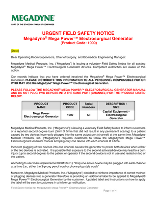 MEGA POWER Urgent Field Safety Notice May 2018