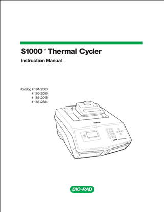 Table of Contents Chapter 1. Introduction... 1 The Bio-Rad 1000 Series Platform... 1 S1000 Thermal Cycler Performance and Features... 2 Bio-Rad Resources and References... 3 Writing Conventions Used in This Manual... 4  Chapter 2. Get Started... 5 Setting Up the S1000 Thermal Cycler... 5 Thermal Cycler Overview... 7 Front View without Reaction Module 7 Top View with Reaction Module 7 Back View with Reaction Module 8 Interchangeable Reaction Modules... 9 Inserting and Removing a Reaction Module 10 Opening and Closing the Adjustable Lid... 12 Opening the Lid 12 Closing the Lid and Setting Lid Force 13 Control Panel Keys and Main Menu... 13 Control Panel Keys 15 The Main Menu 16 The File Tree... 16  Chapter 3. Create and Edit Protocols... 19 Creating a Protocol File with the NEW Option... 19 Adding INC, EXT, RATE, and BEEP Parameters... 28 Adding an Increment (INC) to a Temperature Step 28 Extending (EXT) the Hold Time in a Temperature Step 30 Changing the Ramp Rate (RATE) in a Temperature Step 31 Adding a Beep (BEEP) to a Temperature Step 32 Setting Temperature Control Mode... 33 Choosing Lid Temperature... 33 Changing an Existing Protocol with the EDIT Option... 34  Chapter 4. Run Existing Protocols... 41 Running a Protocol With the RUN Option... 41 Monitoring a Run with the SCREEN Key... 46 Pausing and Resuming a Run with the PAUSE Key... 48 Skipping a Step... 49 Stopping a Run With the CANCEL Key... 50 Incubating Samples With the INCUBATE Key... 50  