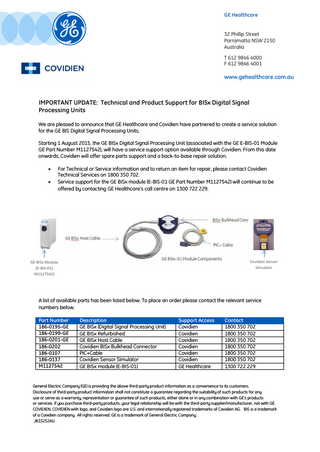 BISx Covidien and GE Healthcare Technical and Product Support Important Update