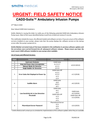 CADD-Solis Ambulatory Infusion Pumps Urgent Field Safety Notice