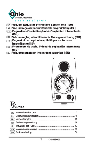 Vacuum Regulator, Intermittent Suction Unit Instructions for Use Rev 6 Feb 2014