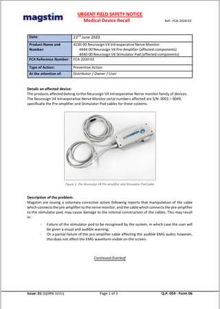 Magstim Neurosign Urgent Field Safety Notice June 2020