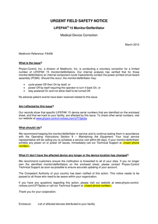 LIFEPAK 15 Urgent Field Safety Notice March 2010