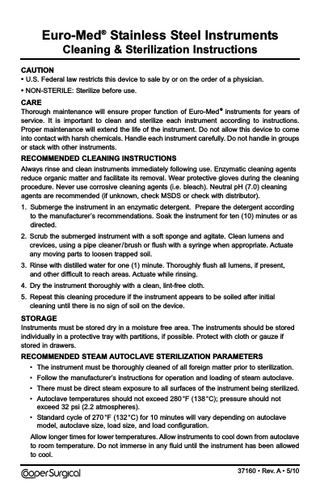 Euro-Med Stainless Steel Instruments Cleaning & Sterilization Instructions Rev A May 2010