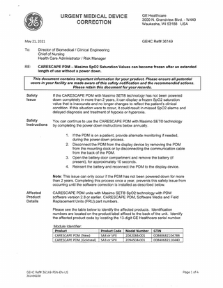 CARESCAPE PDM Masimo Sp02 Saturation Urgent Medical Device Correction May 2021