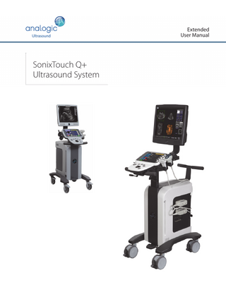 TABLE OF CONTENTS CHAPTER 1: INTRODUCTION ... 1-1 1.1 AUDIENCE ... 1-1 1.1.1 Prescription Device ... 1-1 1.2 CONVENTIONS ... 1-1 1.3 UPDATES... 1-1 1.4 VOLTAGE DISCLAIMER ... 1-2 1.5 CONNECTIVITY DISCLAIMER ... 1-2 1.6 GENERAL DISCLAIMER... 1-2 1.7 PATIENT PRIVACY... 1-2 1.8 DICOM® CONFORMANCE ... 1-2 1.9 LICENSE AGREEMENT... 1-3 1.10 WARRANTY REGISTRATION ... 1-3 1.11 TRADEMARKS AND PATENTS... 1-3  CHAPTER 2: Sonix INTRODUCTION ... 2-1 2.1 SYSTEM COMPONENTS ... 2-1 2.2 OPERATOR CONSOLE ... 2-2 2.3 SYSTEM ADJUSTMENTS ... 2-4 2.3.1 Adjusting the Console/Display Height on a SonixTouch Q+ ... 2-4 2.3.2 Adjusting the Console Tilt Angle on an Older Model System ... 2-5 2.4 SYSTEM CASE ... 2-6 2.5 POWER PANEL ... 2-6 2.5.1 Powering the System ... 2-6 2.5.2 Powering the System ON/OFF ... 2-7 2.6 BACK CONNECTIVITY PANEL ... 2-8 2.7 CONSOLE CONNECTIVITY ... 2-8 2.8 UPS ... 2-8 2.8.1 UPS Use Model ... 2-8 2.9 ECG CONNECTORS ... 2-9 2.10 SonixGPS ... 2-9 2.11 BARCODE READER ... 2-9 2.12 WIRELESS ADAPTER ... 2-9 2.13 FOOTSWITCH (DUAL OR TRIPLE)... 2-9  CHAPTER 3: GETTING STARTED... 3-1 3.1 TURNING ON SYSTEM ... 3-1 3.2 CONNECTING TRANSDUCERS ... 3-1 3.3 QSonix FEATURE ... 3-2 3.3.1 Quick Exam Start-Up ... 3-2 3.3.1.1 Quick Exam Start-Up (with Force Operator Login) ... 3-5 3.3.2 Documentation Access ... 3-7 3.4 REMOTE SUPPORT ... 3-8 3.5 TOUCH SCREEN LAYOUT ... 3-9 3.5.1 Main Touch Screen ... 3-9 3.5.2 Touch Screen Button Editing...3-11 3.5.2.1 Editing Touch Screen Button Order ... 3-13 3.5.2.2 Editing Imaging Parameter Button Size... 3-14 3.5.3 Main Touch Screen – Frozen ... 3-15 3.5.4 Data Entry Touch Screen ... 3-16 3.5.5 TGC Settings ... 3-17  CHAPTER 4: PATIENT MANAGEMENT ... 4-1 4.1 ENTERING PATIENT DATA ... 4-1 4.1.1 Patient Information... 4-3 4.1.2 Application Information ... 4-4 4.1.2.1 OB Previous Exam (Fetal Trending)... 4-6 4.1.3 Exam Information... 4-9 4.2 SELECTING AN APPLICATION–TRANSDUCER–PRESET COMBINATION ... 4-10 4.3 BEGINNING AN EXAM FOR A NEW PATIENT ...4-11 4.4 BEGINNING AN EXAM WITH NO PATIENT SELECTED... 4-12 4.5 ENDING AN EXAM... 4-14 4.6 EXAM IMPORT/EXPORT... 4-15 4.7 STORAGE/DATABASE TABS ... 4-18 4.7.1 Patients ... 4-18 4.7.1.1 Manipulating the Patients Database... 4-19  SonixTouch Q+ Extended User Manual  00.040.708.EN, Revision 01  Table of Contents  i  
