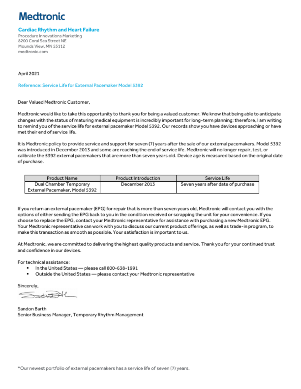 5392 Temporary Pacemaker End of Life Notice PDF download