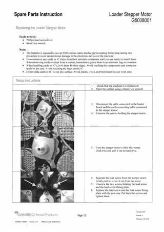 Prismaflex Spare Parts Instruction Replacing the Loader Stepper Motor Ver 2.0 Rev 4 Sept 2006