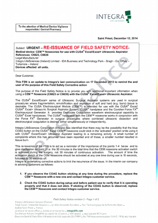 CUSA Excel and Excel +Re-Issuance of Field Safety Notice Dec 2014