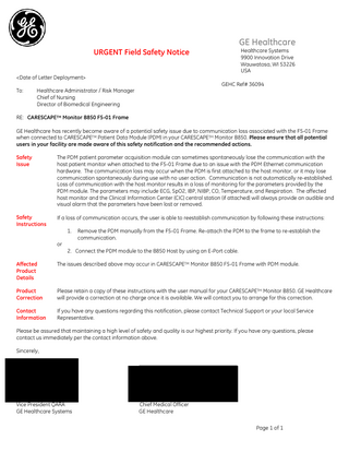 CARESCAPE B850 Urgent Field Safety Notice