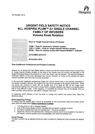 HOSPIRA PLUM A+ Urgent Field Safety Notice Oct 2012