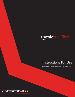 Table of Contents 1.  2.  3. 4. 5.  6.  7.  8.  9.  10. 11. 12.  2  General Safety Statements ... 3 3 1.1. EMC Statement ... 3 1.2. Electrical Safety Statement ... 7 1.3. Environmental Statement ... 8 1.4. Summary Of Safety Notices ... 8 1.5. Trademark Information ... 12 1.6. Explanation Of Symbols ... 13 Indications And Contra Indications... 14 2.1. Indications ... 14 2.2. Contra Indications ... 14 Adverse Effects ... 14 Considerations During Clinical Use ... 15 4.1. SonicOne CLINIC Use ... 15 System Overview ... 17 5.1. Principle Of Operation ... 17 5.2. Reusable System Components ... 18 5.3. Single Use, Sterile Components ... 19 Console ... 19 6.1. Receptacles, Controls And Indicators ... 19 6.2. Menu Functions ... 21 6.3. Main Functions... 23 6.4. Alerts And Indicators ... 25 System Set-Up ... 27 7.1. Installation ... 27 7.2. Console Set-up – Part I (Non-sterile) ... 29 7.3. Handpiece Assembly (Sterile) ... 29 7.4. Console Set-up – Part II (Non-sterile) ... 30 7.5. Perform System Check ... 32 Handpiece Assembly And Disassembly ... 32 8.1. Handpiece Assembly ... 32 8.2. Handpiece Disassembly ... 33 Cleaning And Sterilization... 34 9.1. Disassembly ... 34 9.2. Cleaning ... 35 9.3. Sterilizing By Steam Autoclave ... 38 9.4. Expected Life, Reusable Components ... 39 9.5. Deviations From Decontamination, Cleaning And Sterilization Instructions... 39 Troubleshooting ... 39 Specifications ... 42 Service, Repair And Technical Correspondence ... 43 12.1. Fuse Replacement ... 43 12.2. Pump Head Replacement ... 45 12.3. Repair, Service and Replacement Parts ... 46 12.4. Important Notice ... 47  E-SOUM-PLUS Rev E  