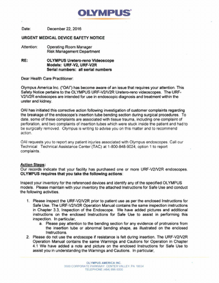 Uretero-reno Fiberscope URF-V2 and V2R Urgent Medical Device Safety Notice Dec 2016