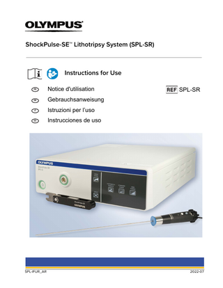 ShockPulse-SE Lithotripsy System (SPL-SR) Instructions for Use Table of Contents Table of Contents 1 Intended Use / Contraindications ...1 1.1 Intended Use...1 1.2 Contraindications ...1 2 Warnings and Cautions...1 Warnings and Cautions ...1 2.1 Warnings ...1 2.1.1 Electrical Safety and Shock Hazards...1 2.2 Fire and Explosion Hazards...2 2.3 Health Hazards ...2 2.3.1 Health Risks ...2 2.3.2 General... 3 2.3.3 Probes ... 3 2.4 Cautions ...4 2.5 Serious Incident Reporting ...4 3 Unpacking and Initial Inspection...5 4 Specifications and General Description ...5 4.1 Specifications ... 7 4.2 Operating and Storage Environment...9 4.3 Safety Specifications ...9 4.4 General Description of ShockPulse-SE Generator and Accessories... 13 4.5 Front Panel of Generator ... 14 4.6 Back Panel of Generator ... 15 4.7 Optional Footswitch (SPL-FS)... 16 4.8 Transducer (SPL-T) and Nose Cone (SPL-NC) ... 17 4.9 3.76 mm Probe Assembly... 18 4.9.1 Order of Assembly ... 18 4.10 Torque Wrench (SPL-W) ... 18 4.11 Cleaning Stylet (SPL-CSL, SPL-CSS) ... 19 5 Assembling the Unit ... 19 6 Operating Instructions ... 21 SPL-IFUR_AR i