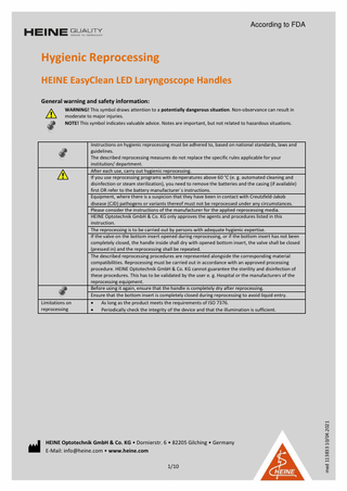 HEINE Easy Clean LED Laryngoscope Handles Reprocessing Guide April 2021