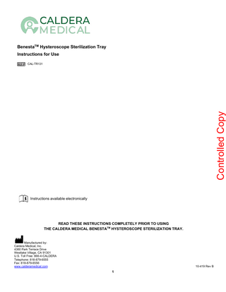 Benesta Hysteroscope Sterilization Tray Instructions for Use