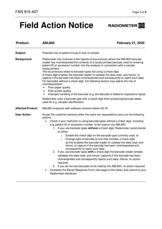 Radiometer ABL800 Field Action Notice Feb 2020-Barcode reader issue and patient mixup possibility