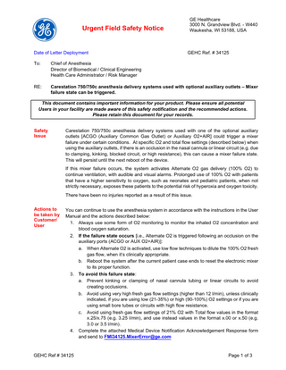 Carestation 750/750c Urgent Field Safety Notice Mixer failure state can be triggered July 2022